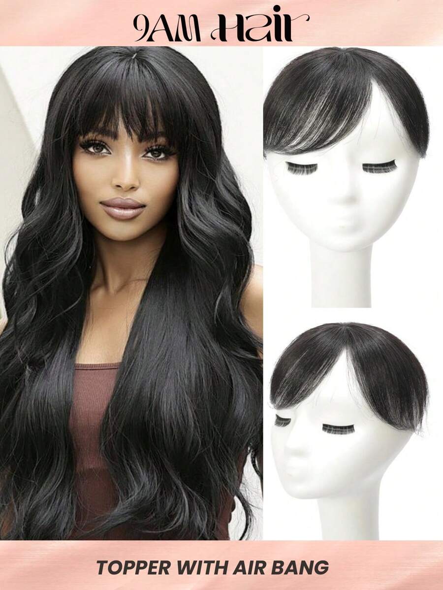 Virgin Human Hair Topper Natural Black Top Hairpiece Air Bangs Straight Topper With Bangs - Natural Black - View 1