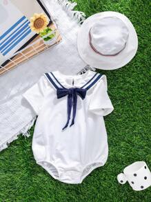 SHEIN 2-częściowy zestaw body niemowlęcego chłopięcego, ślicznego, swobodnego, dzianinowego z muszką i czapeczką, odpowiedni na przyjęcie urodzinowe, ceremonię, wesele, baby shower