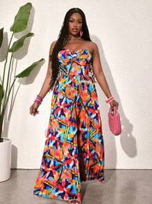 Slaydiva 女士夏季度假性感印花扭结露肩褶皱阔腿连体裤