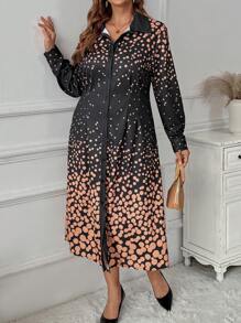 Women Plus Size Elegant Polka Dot Print Knitted Mid-Length Casual Dress, Spring