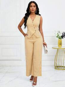 SHEIN Lady Casual Commuter Striped Vest And Trouser Suit - Yellow - View 1