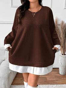 SHEIN Frenchy Plus Size Women's Round Neck Raglan Sleeve Casual Loose Grey Sweatshirt, Autumn/Winter - Brown - View 5
