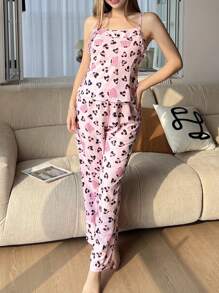 Conjunto de pijama de mujer con camiseta de tirantes y pantalones con estampado de leopardo y corazón - Rosa - Ver 4