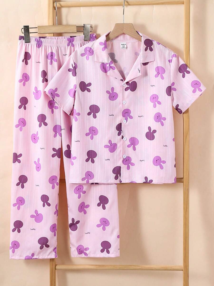 2pcs/Set Tween Girl Pink Rabbit Print Long Pants With Short Sleeve Shirt Casual Homewear Set - Purple - View 1