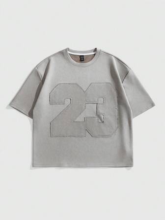 Prep Camiseta casual de estilo jersey de fútbol con cuello redondo, manga corta y gráfico numérico, hecha de tela para hombres
