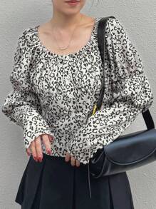 FRIFUL Damen Knopfleiste Vorne Leoparden Muster Langarm Einfach Lässiges Hemd Gepard Muster