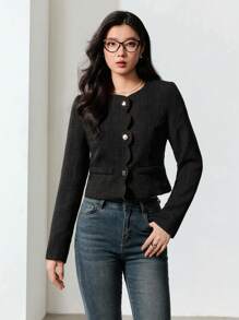 EastFlair Women Casual Solid Color Shell Trim Cropped Jacket, For Autumn - Black - View 3