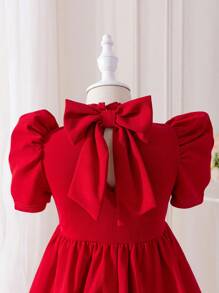 适合情人节的年轻女孩纯色针织羊腿袖蝴蝶结紧身连衣裙 - 酒紅色 - 查看 4