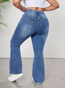 SHEIN CURVE+ Pantalones acampanados de mezclilla con estampado de estrella para mujer talla grande, de mezclilla elástica que estilizan la figura, para conjunto de primavera y verano, atuendo casual