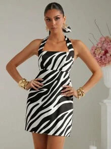Lumalex White Animal Print Summer Chic Party Night Halter Neck Zebra Pattern Bodycon Mini Dress For Women,Bohemian Old Money Wedding Banquet Festival Outfit - Black and White - View 2