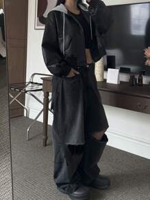 DAZY Women's Casual Contrast Color Dropped Shoulder Long Sleeve Zipper Front Hooded Loose Jacket, Spring And Autumn Leather Jacket