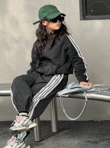 DAZY 2pcs Tween Girls Striped Lace Patchwork Zip Front Jacket And Pants Set, Autumn - Black - View 2