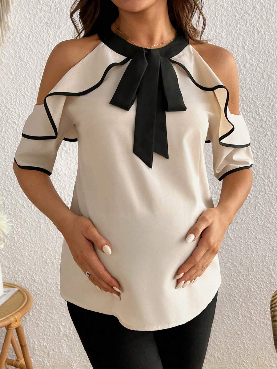 SHEIN Pregnant Women's Summer Elegant Contrast Color Ruffle Tie Neck Ruffle Hem Maternity Blouse - Apricot - View 1
