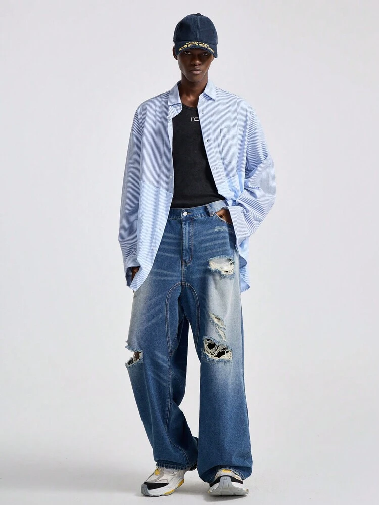 Men's Fashionable Striped Blue And White Contrast Woven Long Sleeve Shirt