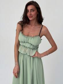 Aloruh 2 Pcs Women's Contrast Trim Textured Camisole Top And Contrast Hem Flared Skirt Set, Romantic Vacation Outfit - Green - View 6