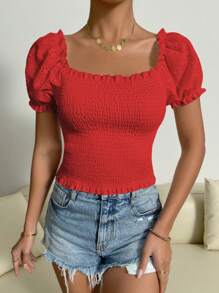 Chiquease Blusa casual de manga corta con volantes en el dobladillo, de unicolor, para uso diario