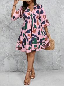 SHEIN Frenchy Plus Size Women Geometric Print V-Neck Ruffle Sleeve Loose Smock Dress