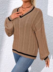 SHEIN LUNE Casual Color Block Drop Shoulder Sweater For Autumn/Winter Knit Pullover Fall Sweater - Camel - View 3