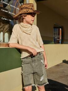 SHEIN 2025 Spring/Summer 3-Piece Set For Tween Boys: Apricot Round Neck T-Shirt, Comfortable Casual Vintage Look Jeans, Accessory Scarf/Headscarf, Highlighting Western Style, Suitable For Outdoor Activities And Social Gatherings - Apricot - View 7