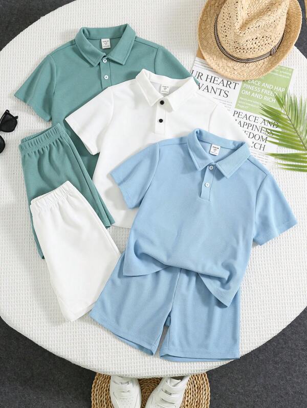 LMoss Kids Conjunto com 6 unidades de camisa polo esportiva casual para meninos, de manga curta e gola polo, com shorts de cós elástico combinando, conjunto de malha lisa e confortável, adequado para roupas infantis, roupas para meninos, volta às aulas, conjunto para meninos adequado para festas de aniversário, festas noturnas, apresentações, casamentos, batizados, cerimônias de abertura, uso diário, escola, viagens, esportes, primavera e verão