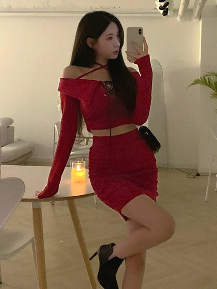2pcs Women Halter Neck Long Sleeve Top And Skirt Red Outfit Set