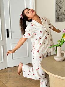 SHEIN Leap Crew 2pcs/Set Teen Girl Elegant Simple Round Neck Ruffle Sleeve Sleepwear & Ruffle Hem Pants Woven Pajama Set - Beige - View 4