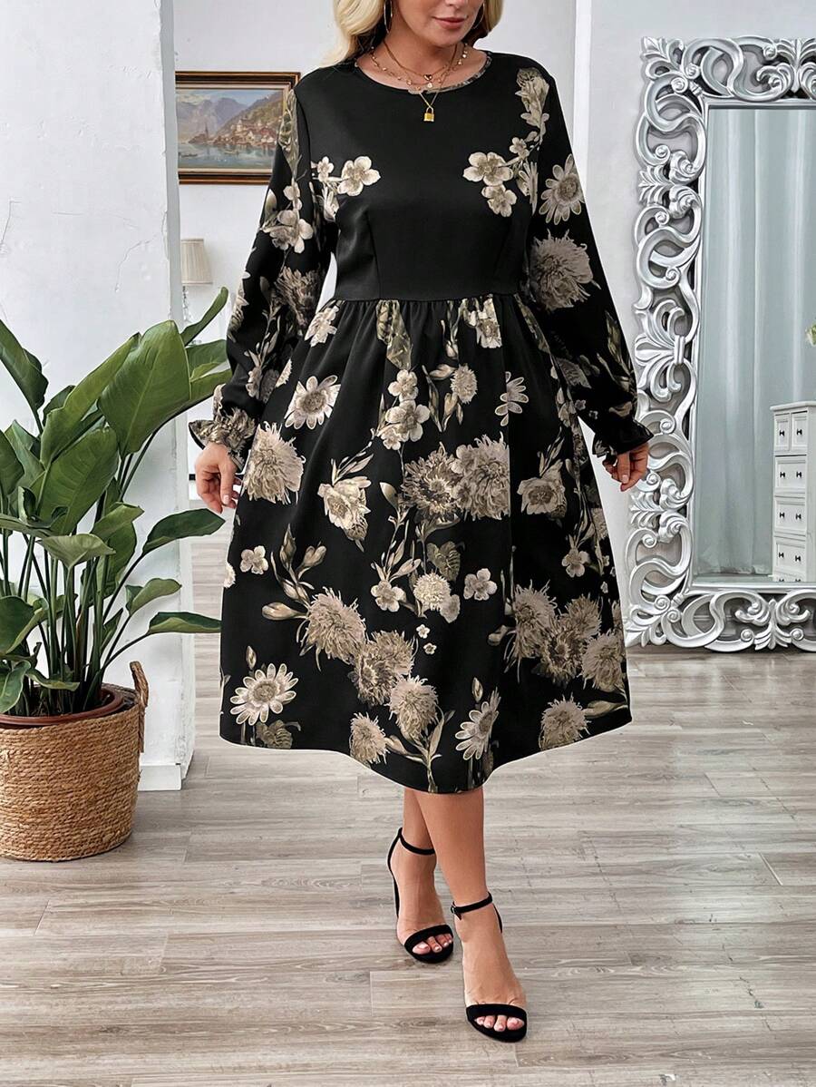 EMERY ROSE 优雅长袖花卉印花褶皱腰 A 字大码女式连衣裙，春季服装 - 彩色 - 查看 1