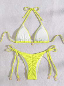 Women's Solid Color Halter Neck Back Tie Bikini Top & Bottom Swimwear Set Summer - Yellow - View 2