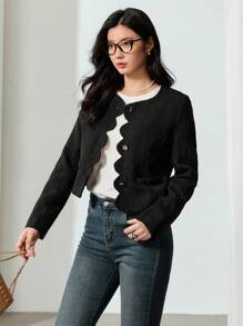 EastFlair Women Casual Solid Color Shell Trim Cropped Jacket, For Autumn - Black - View 5