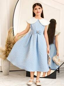 SHEIN Tween Girls Elegant Woven Textured Floral Jacquard Peter Pan Collar Pearl Decor Waist Ruched Swing Dress, Blue, Graduation Dress - Blue - View 5