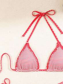 Swim Mod Damen gestreifter Bikini mit Neckholder, süßer, lässiger, eleganter Badeanzug, Sommer Strandoutfit - Rot - Übersicht 6