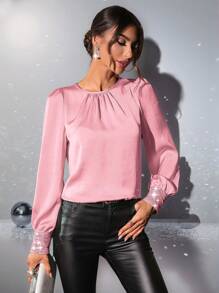 SHEIN Clasi 领口荷叶边亮片拼布斜纹衬衫派对 - 粉色 - 查看 6