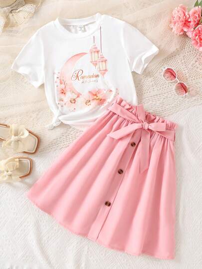 2 件套青少年女孩休闲简约印花粉色淑女风格服装