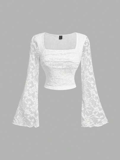 SHEIN MOD Women White Lace Cup Gather Flared Sleeve T-Shirt,Fall/Winter,Homecoming,Going Out,Hippie Women Clothes,White Women Long Sleeve Top,Fairy Core,Christmas