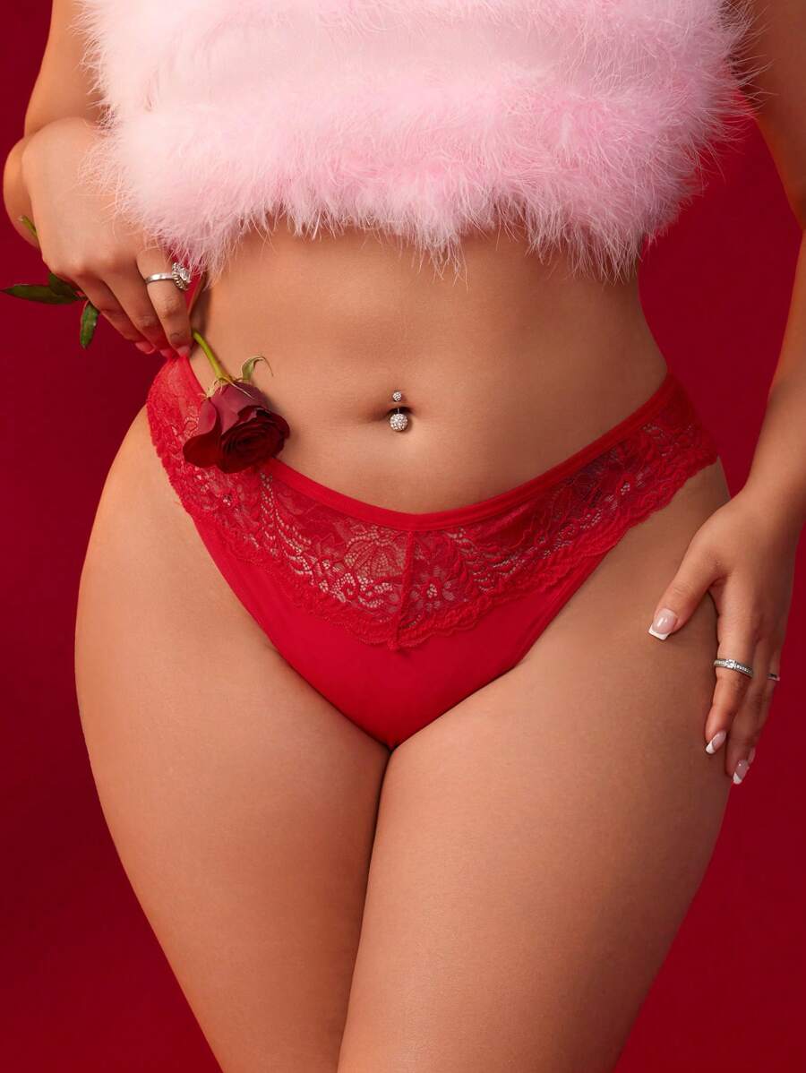 Seduluxe Plus Size Solid Color Lace Patchwork Casual Briefs, 1 Piece