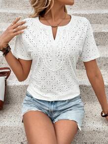 EMERY ROSE Women's Solid Lace Lantern Sleeve Crew Neck Top, Elegant For Workday And Everyday Wear