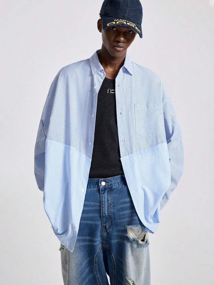 Men's Fashionable Striped Blue And White Contrast Woven Long Sleeve Shirt