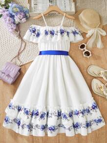 1pc Tween Girl Off-Shoulder Blue Floral Print Ruffle Hem Mid-Length Dress With Waist Rope, Spring/Summer - Blue and White - View 2