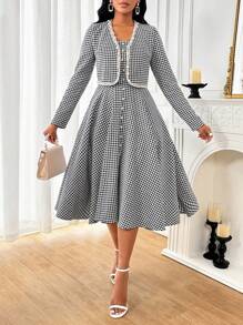 SHEIN Lady 2 件套女士纯色拼布长袖夹克和连衣裙套装，简约 - 黑色 - 查看 5