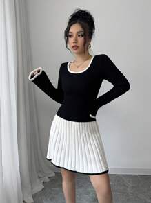 Elenzga U-Neck Color Block Knit Sweater Dress With Youthful Look - Multicolor - View 5