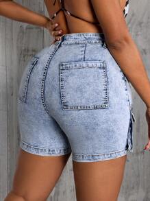 SHEIN SXY Plus Size Women Cargo Pocket Casual Denim Shorts - Blue - View 2