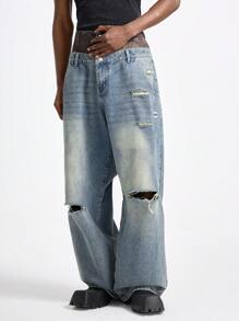 NEON BLANC Denim Cintura Dupla de Perna Larga Estilo Urbano para Homens