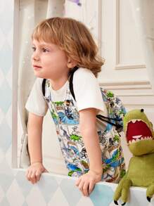 SHEIN 2pcs/Set Young Boy Loose Comfortable Bib Pants With Backpack, Casual Cute Dinosaur Printed, Suitable For School, Sports, Outdoor Activities, Fit For 4-7 Years Old Kids - Multicolor - View 4