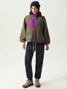 VARSITIE High Collar, Pockets, Long Sleeves, Printed Plush, Contrasting Colors, Loose And Casual Women Outdoor Jackets