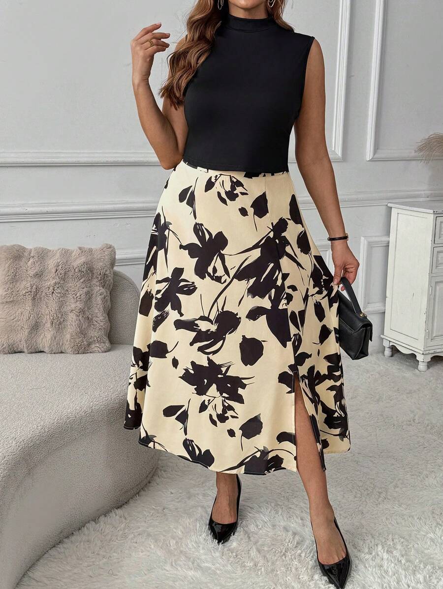 SHEIN LUNE Casual 2pcs Set: Sleeveless Knitted Top + Printed Skirt, Spring/Summer - Multicolor - View 1