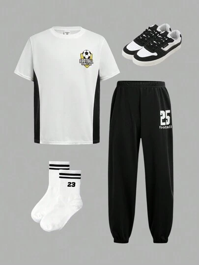 Tween Boys Grafiskt färgblock rundhalsad kortärmad t-shirt och shorts 2st Sportoutfit