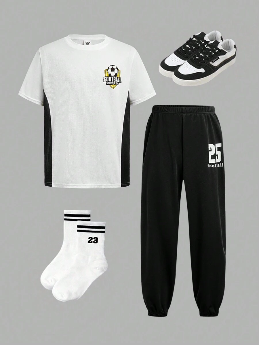 Tween Boys Graphic Color Block Round Neck Short Sleeve T-Shirt And Shorts 2pcs Sports Outfit - Black - View 1