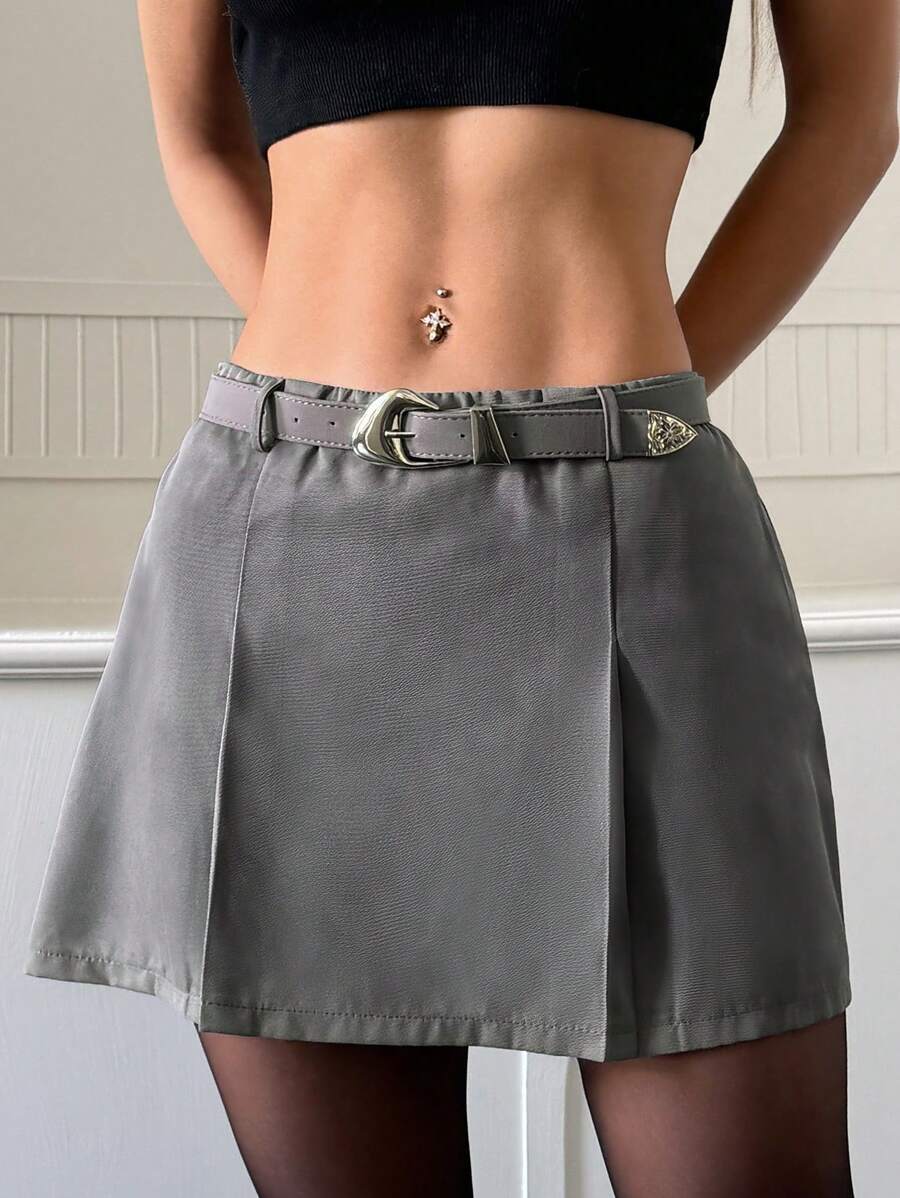 SHEIN EZwear Jupe courte décontracté à taille élastique de couleur unie pour femme - Gris - Voir 1