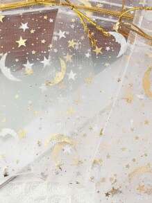 SHEIN 20/50/100 件 9*12 厘米烫印白色月亮和星星图案欧根纱抽绳礼品袋，适用于珠宝储存、糖果、巧克力包装、生日、派对礼品包装 - 白色 - 查看 4