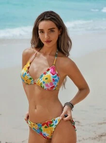 Swim Vcay Conjunto de bikini triangular con tiras ajustables y estampado multicolor, con Bottom atada a los lados - Atuendo para la playa para mujeres en verano - Multicolor - Ver 5